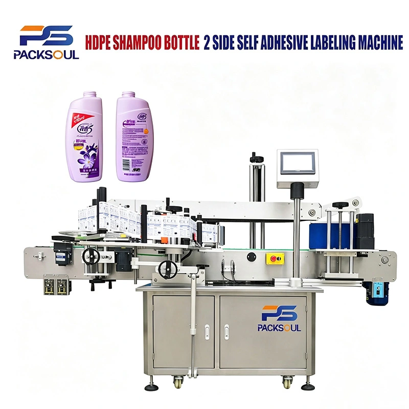 Machine d'étiquetage double face pour bouteilles de shampoing HDPE